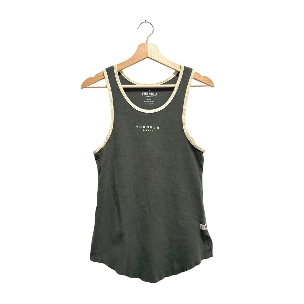 YoungLA Mens Ribbed Ringer Tank Top Olive Green Size Medium